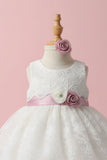 Ivory Party Dress With Floral Appliqué For Girls