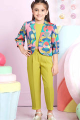 Mustard Top And Pant Set With Multicolor Printed Over Coat For Girls