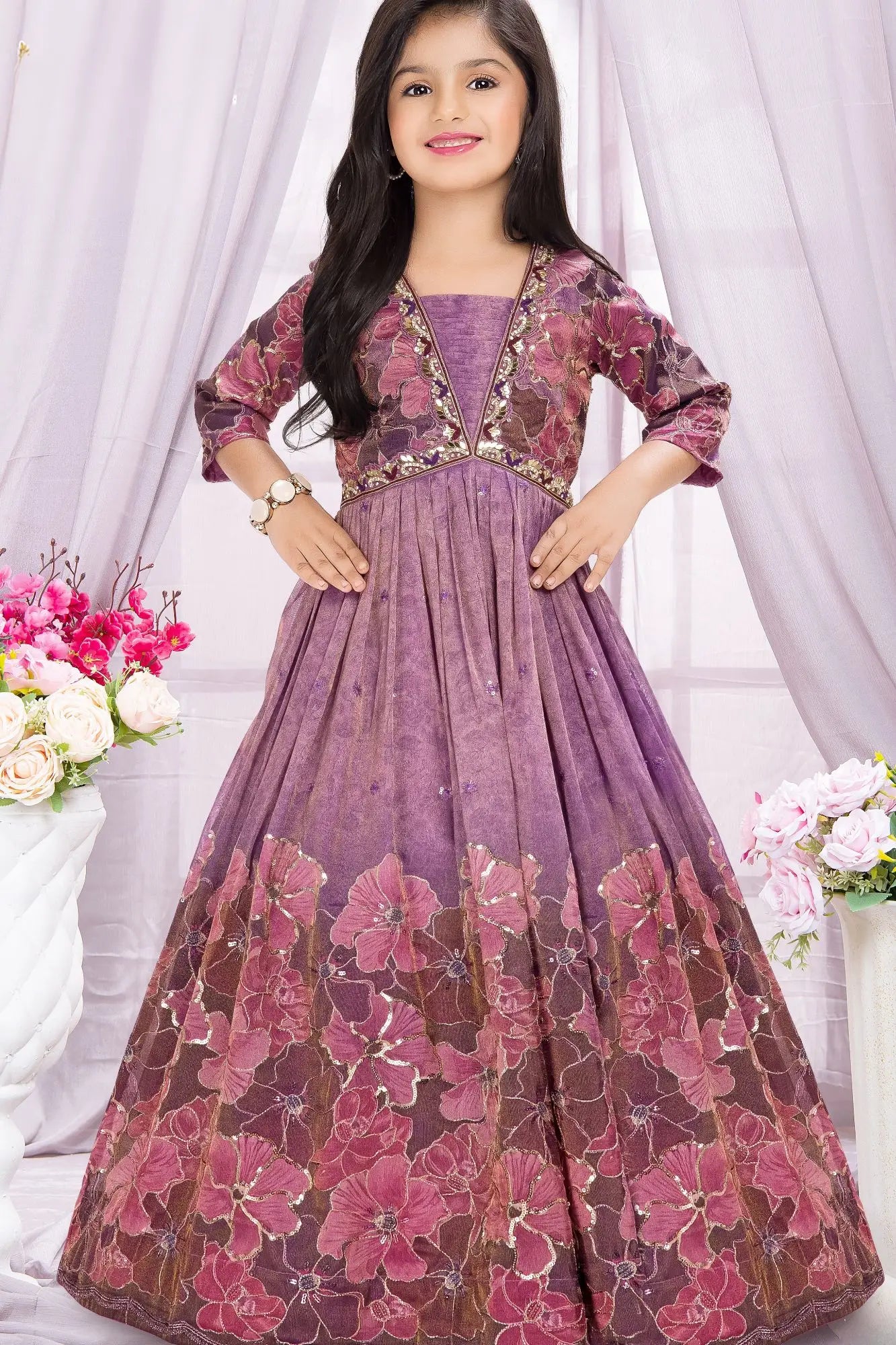 Purple Floral Embroidered Ethnic gown For Girls