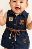 Dark Denim Sleeveless Dress With Bear Appliqué And Rope Belt For Girls
