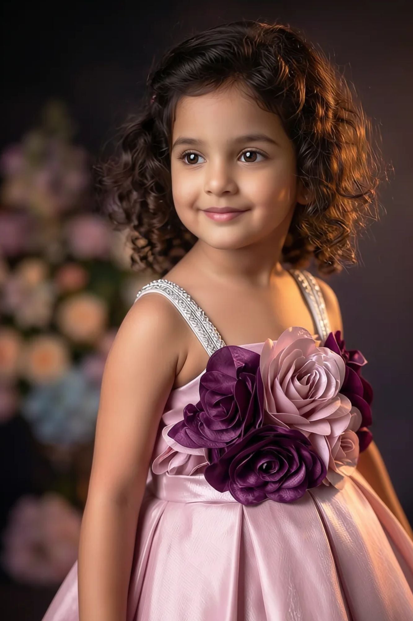 Girls Pink High Low Party Wear Frock with 3D Floral Applique