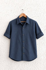 Boys Navy Blue Solid Casual Shirt with Classic Collar