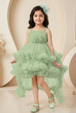 Green Net Tailback Floral Embellishment Frock With Hairband For Girls