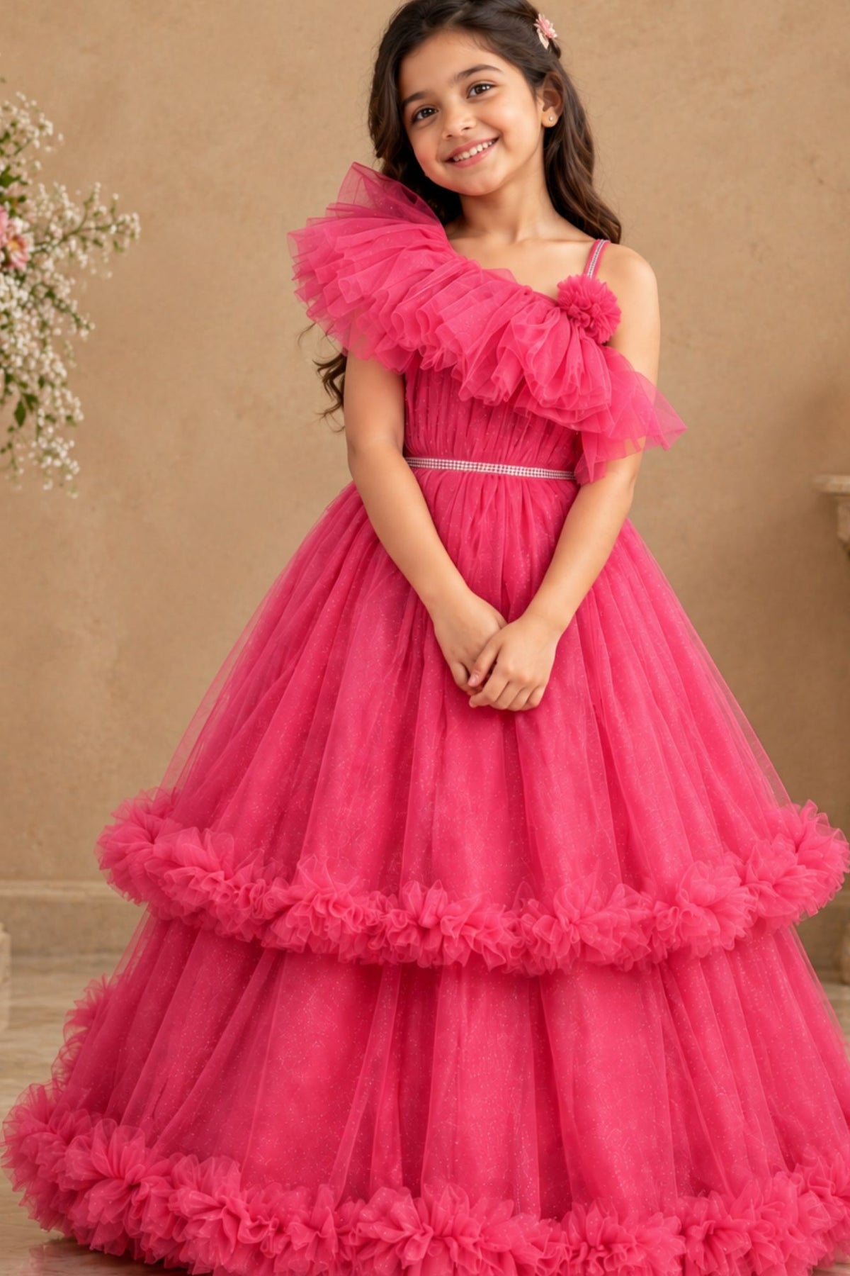 Rani Pink One-Shoulder Net Party Gown with Layered Ruffle Hem For Girls