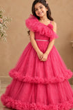 Rani Pink One-Shoulder Net Party Gown with Layered Ruffle Hem For Girls