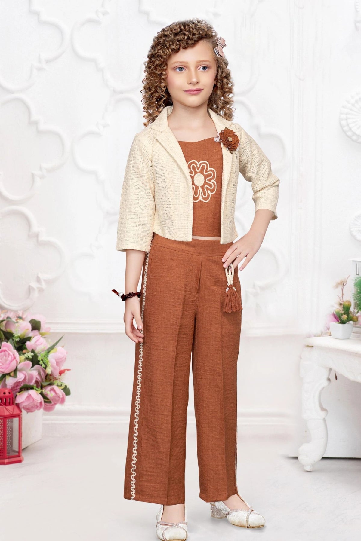 Brown Co-Ord Set with Lace Cropped Jacket For Girls