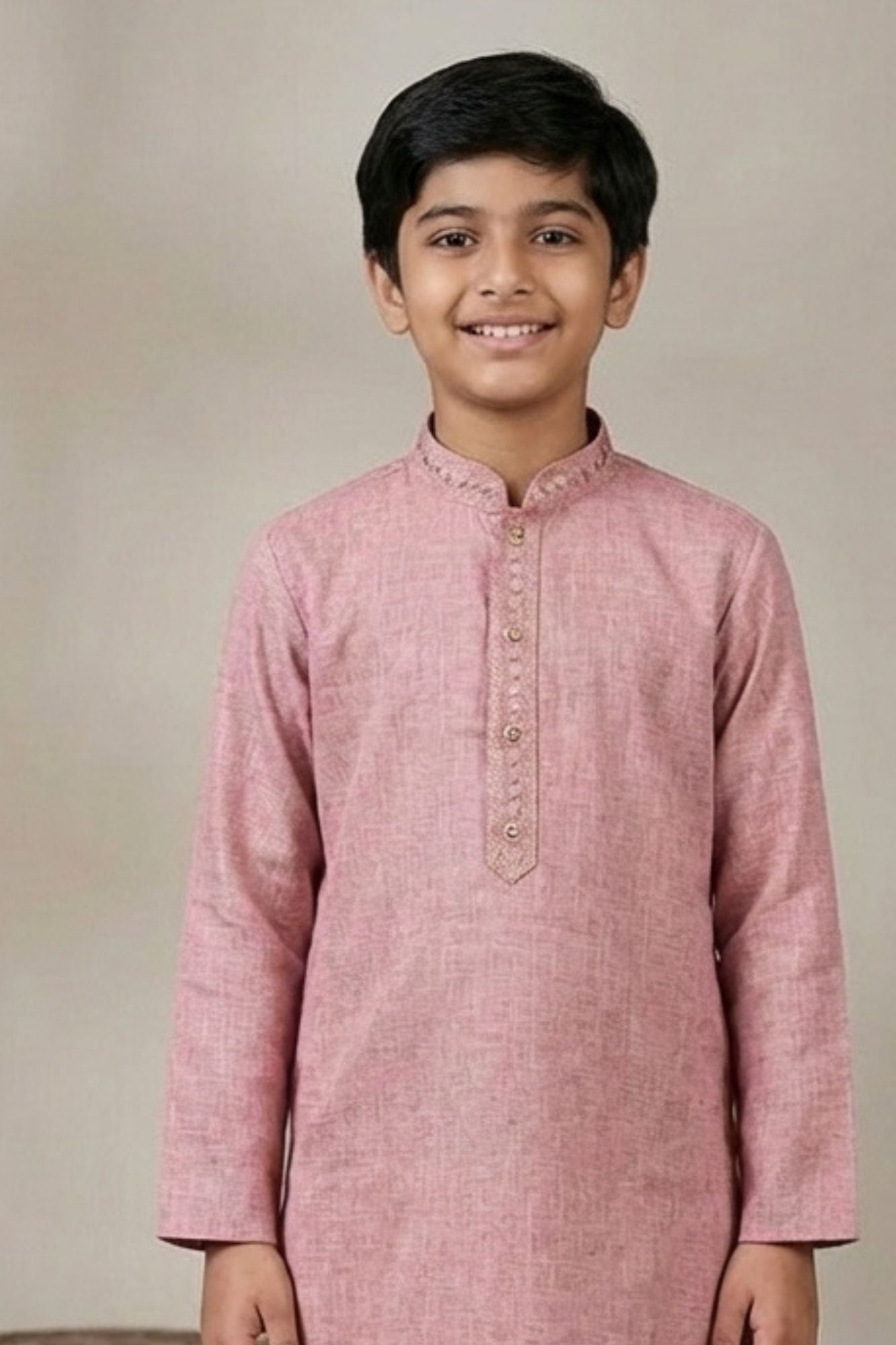 Onion Pink Embroidered Linen Kurta Set For Boys