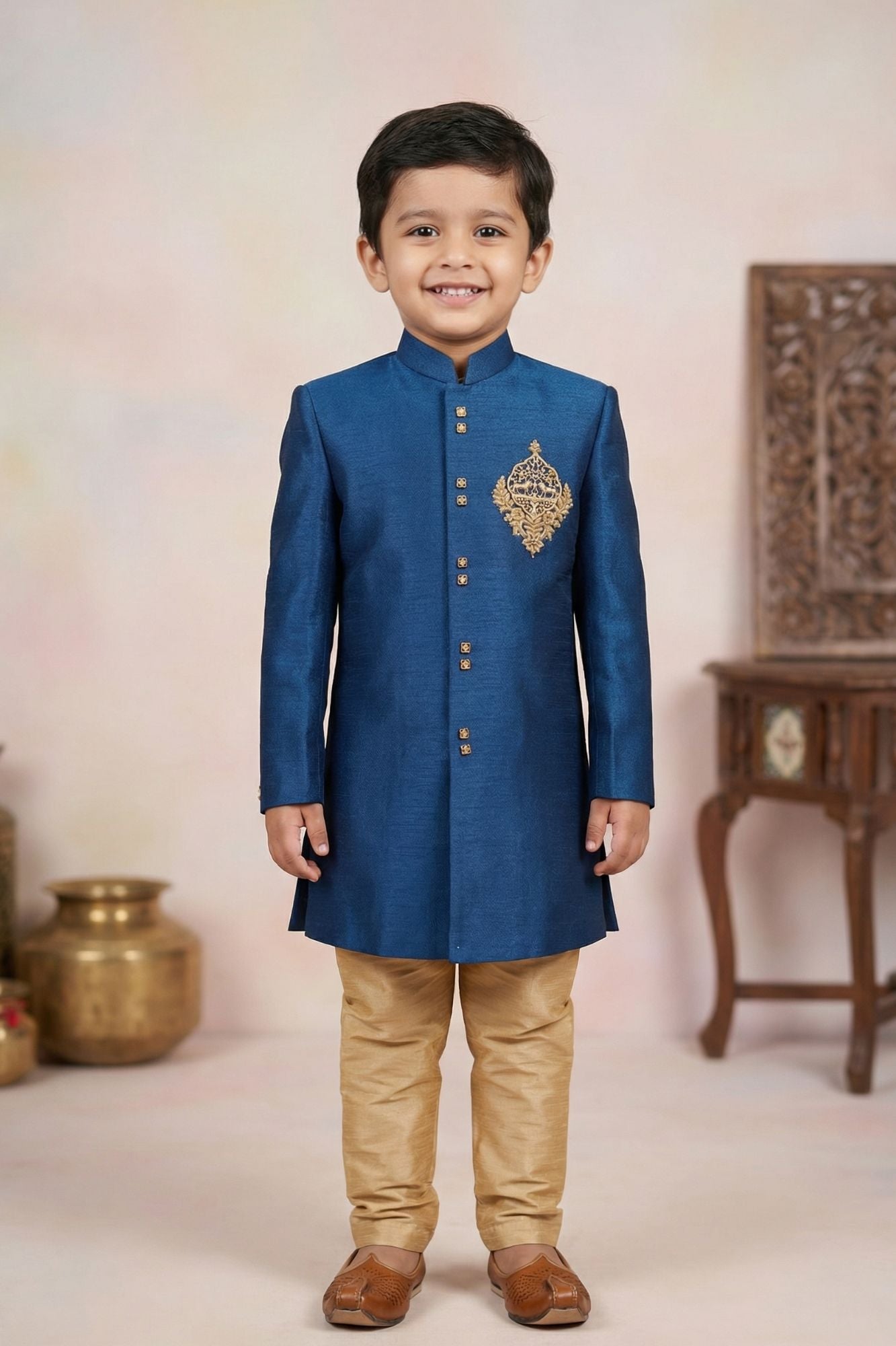 Elegant Boys Royal Blue Sherwani with Gold Motif Embroidery And Pyjama Set