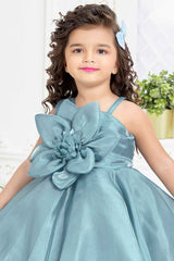 Blue Organza Frock With Floral Embellished For Girls