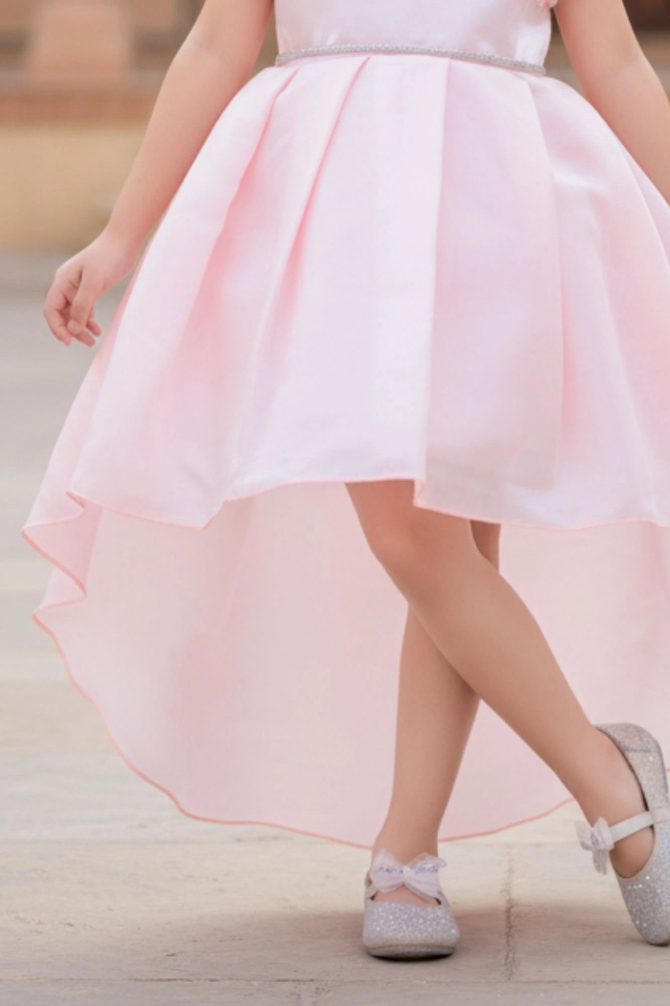 Elegant Peach Embellished High-Low Party Wear Frock with Floral Bodice For Girls