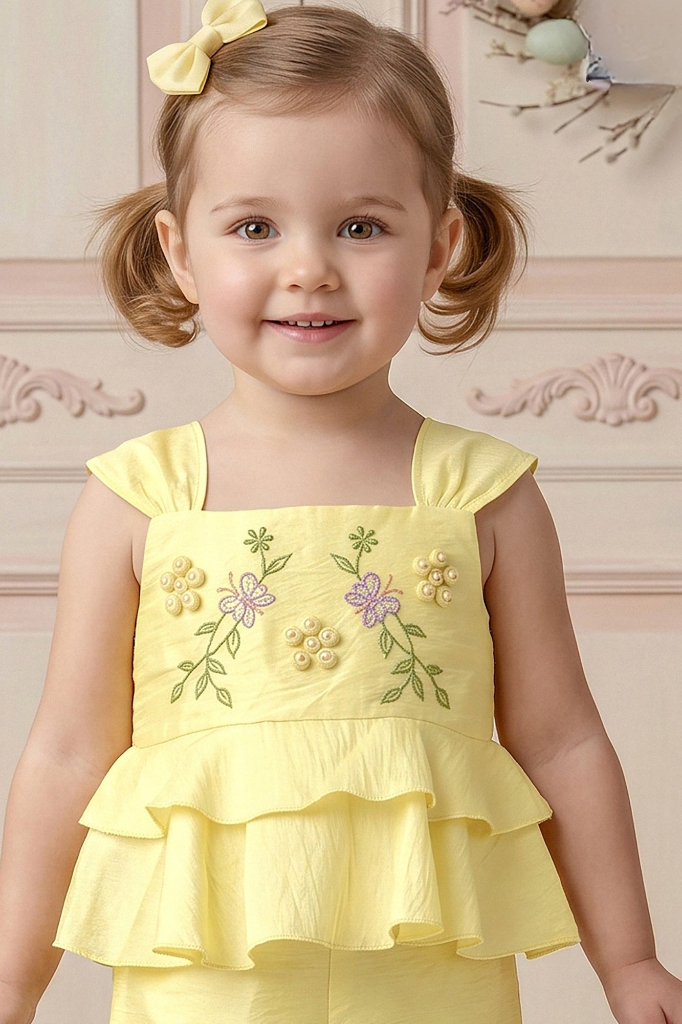 Girls Yellow Embroidered Peplum Top with Palazzo Pants Co Ord Set