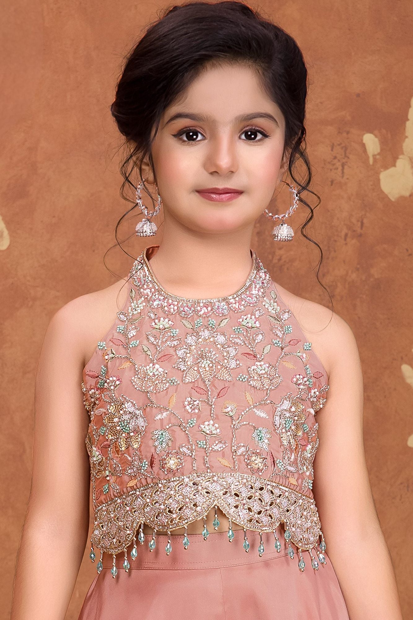 Girls Pink Embroidered Palazzo Set With Halter Neck And Dupatta