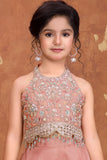 Girls Pink Embroidered Palazzo Set With Halter Neck And Dupatta