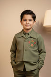 Olive Green Festive Kurta Pyjama Set with Jacket For Boys