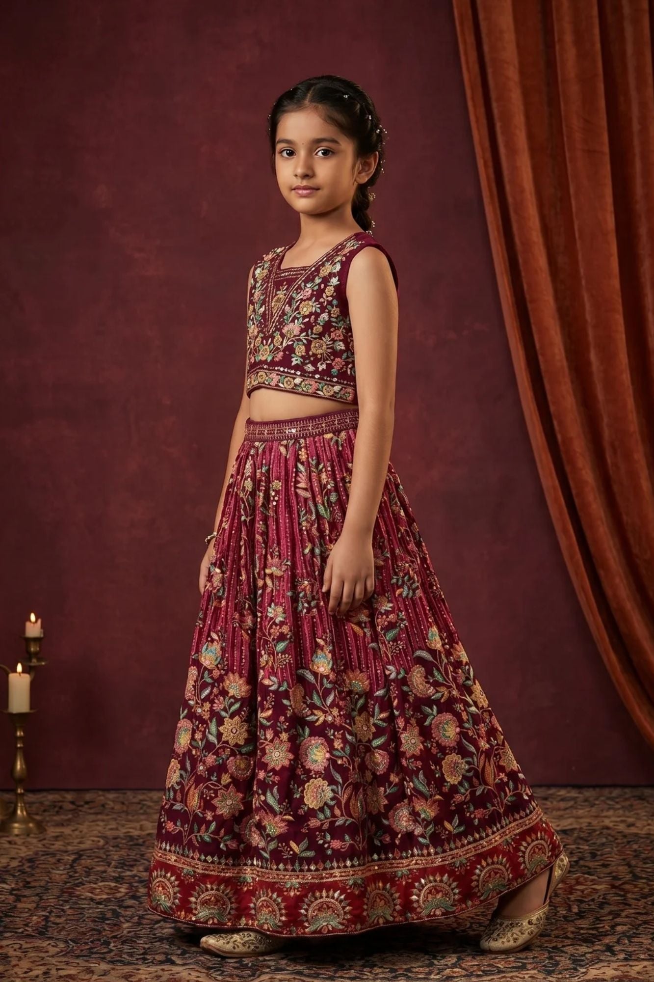 Girls Wine Floral Embroidered Lehenga Choli Set with Traditional Ethnic Detailing