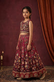 Girls Wine Floral Embroidered Lehenga Choli Set with Traditional Ethnic Detailing