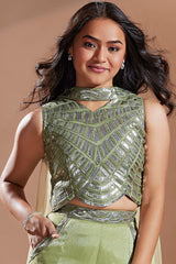 Girls Olive Green Embroidered Palazzo Set With Stylish Crop Top