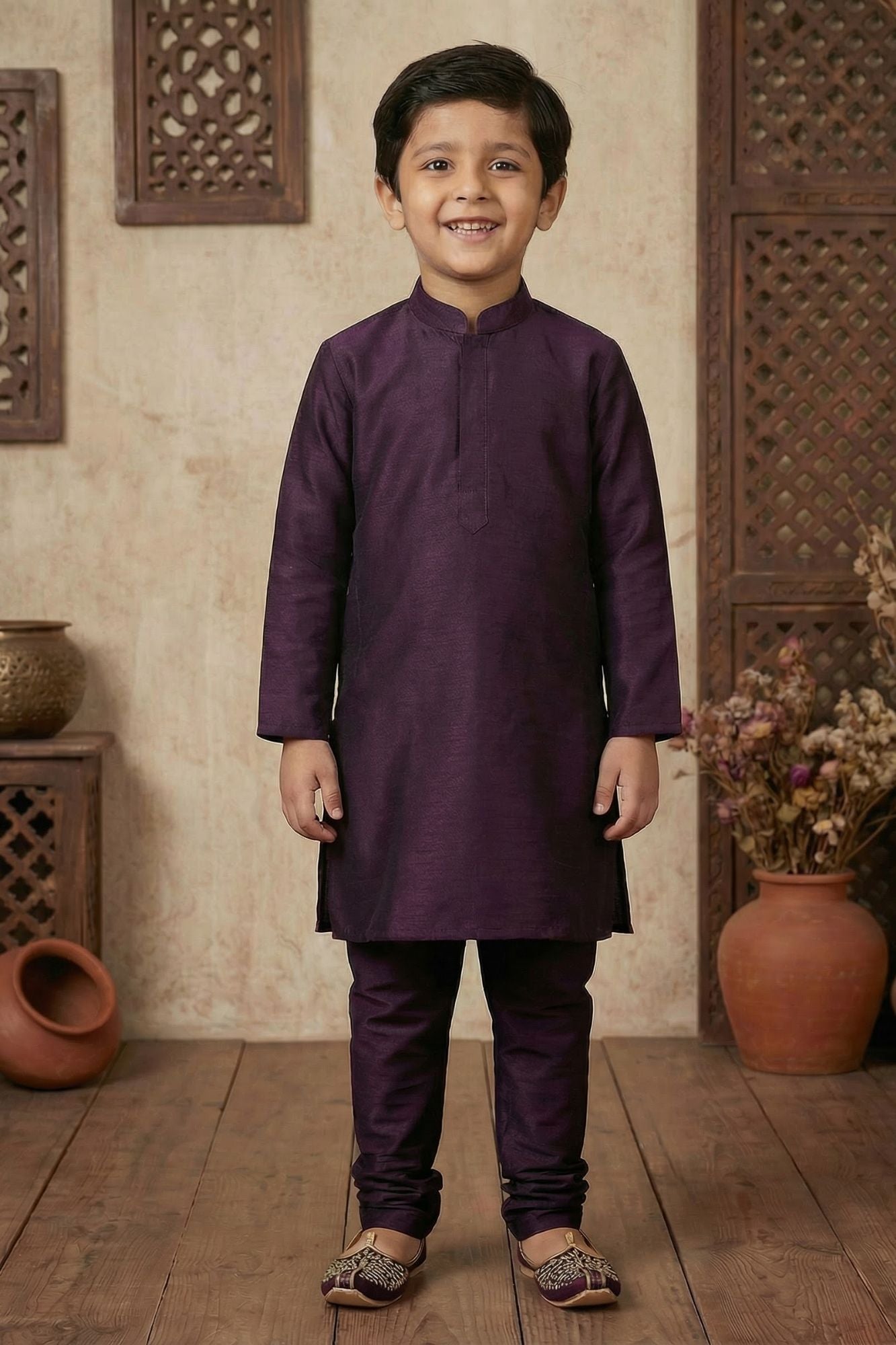 Wine Zari Work Kurta Pajama Set With Jacket For Boys