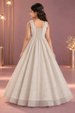Elegant Sleeveless Cream Shimmer Party Wear Gown For Girls