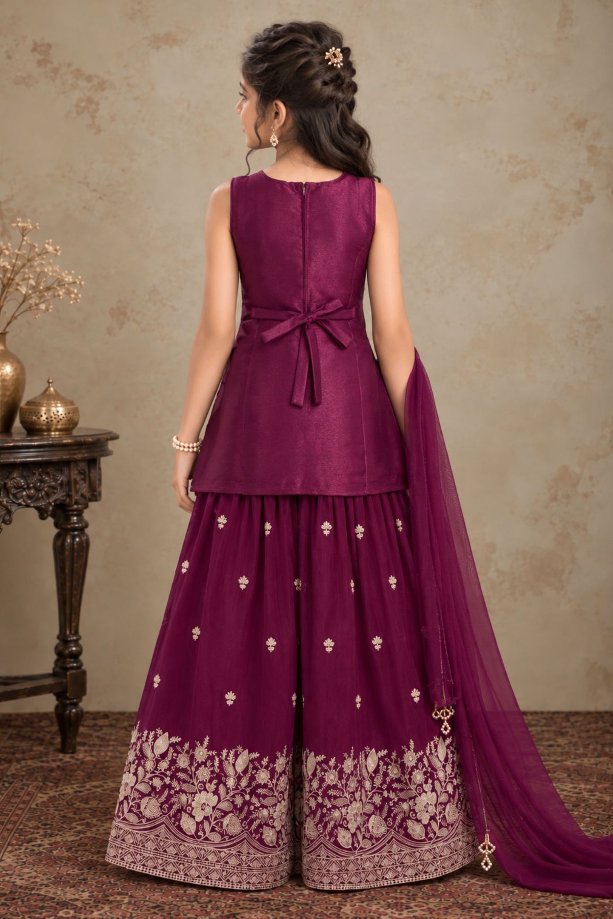 Girls Wine With Gold Zari Embroidered Palazzo Set with Dupatta
