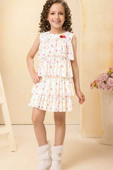 Cream Floral Printed Multi Tiered Ruffle Dress For Girls
