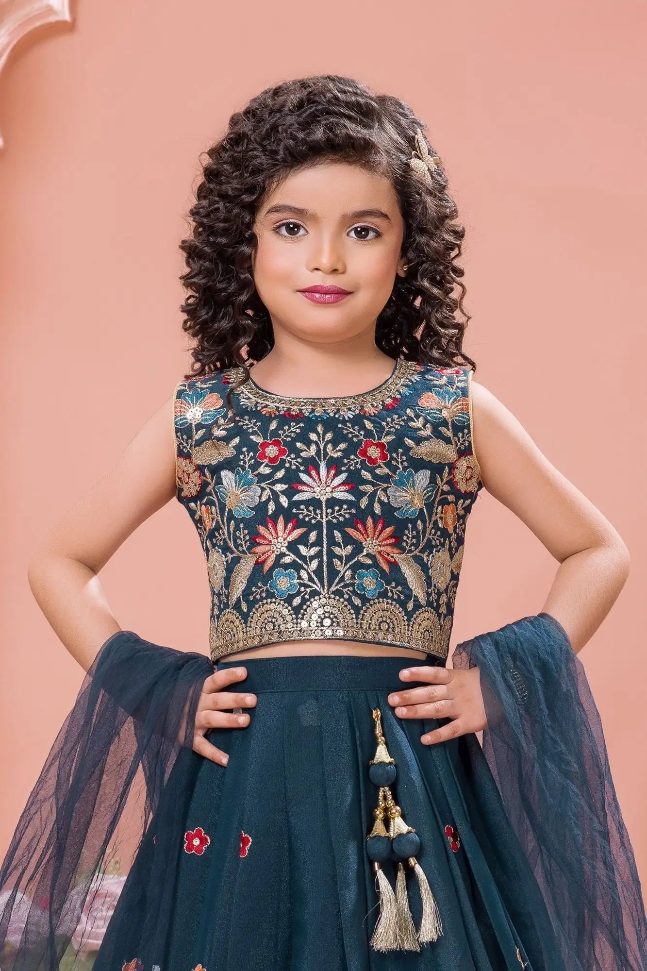 Deep Teal Blue Embroidered Lehenga Choli Set with Net Dupatta For Girls