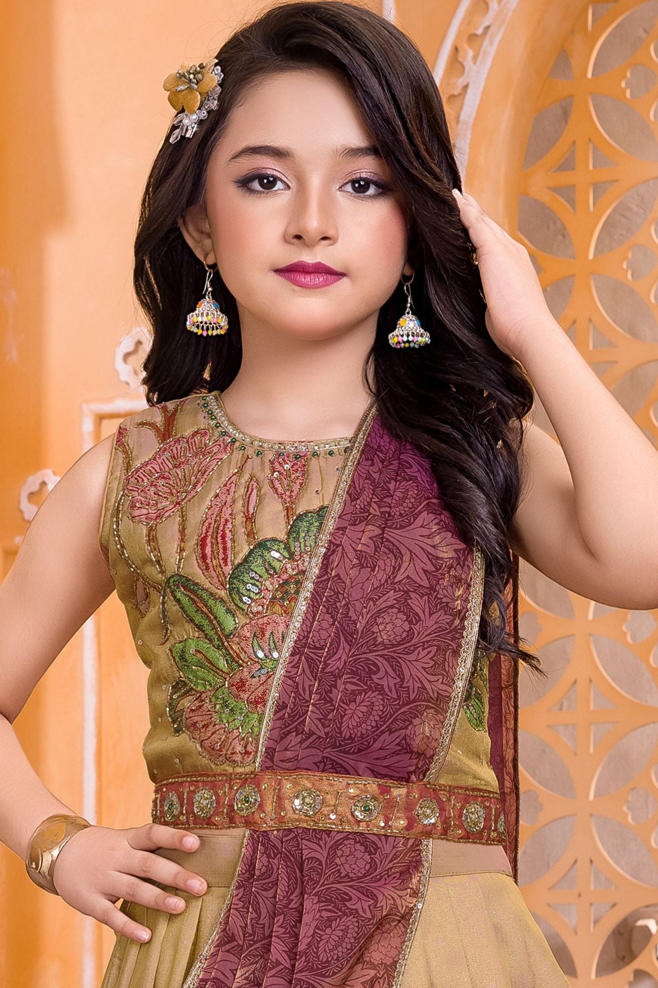 Girls Gold Lehenga Choli With Floral Embroidery And Maroon Dupatta