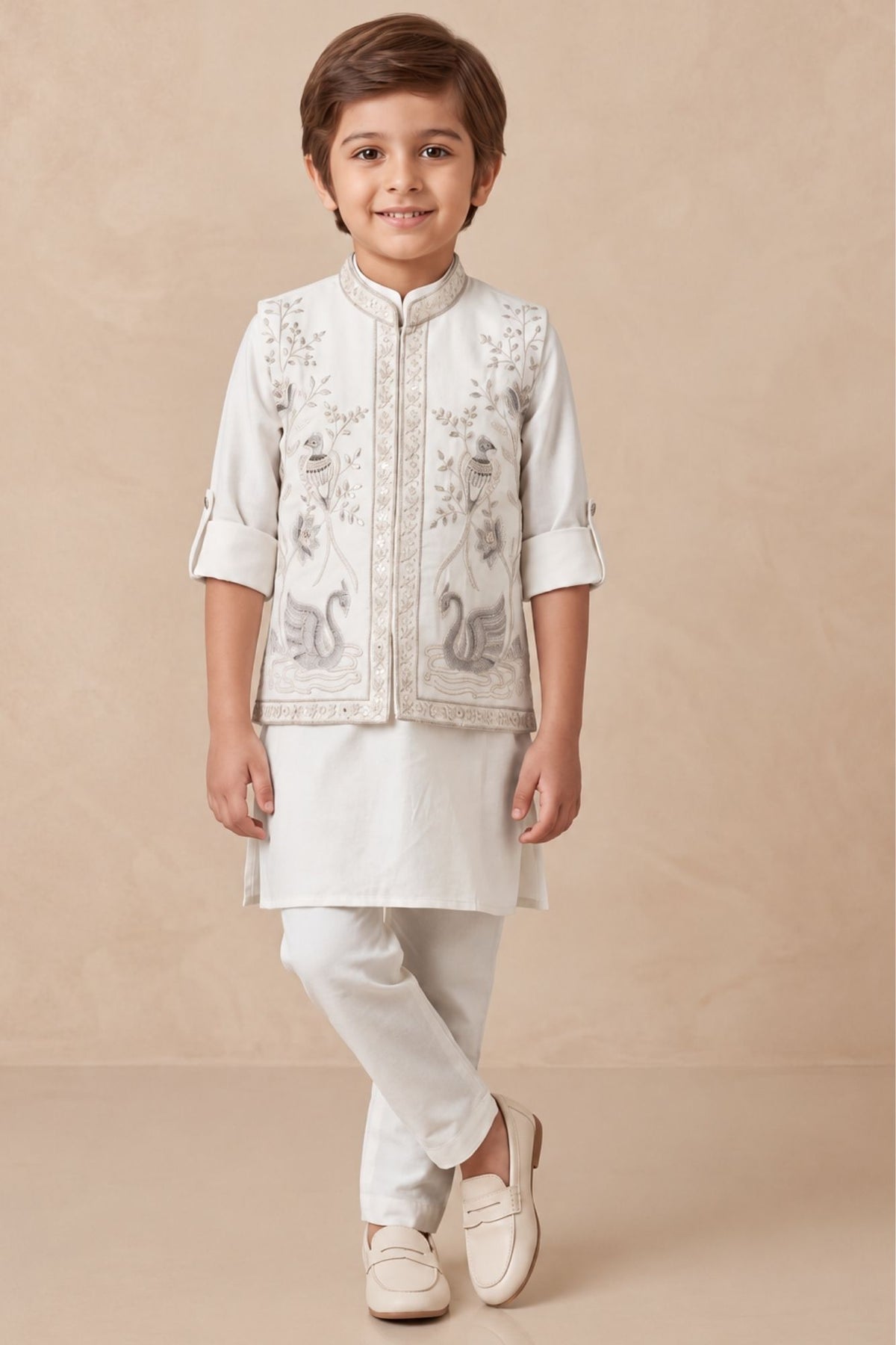 Boys Elegant Ivory Bird Kurta Set With Nehru Jacket