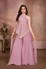 Girls Dusty Pink Vertical Chain-Like Pattern Zari Embroidered Palazzo Set