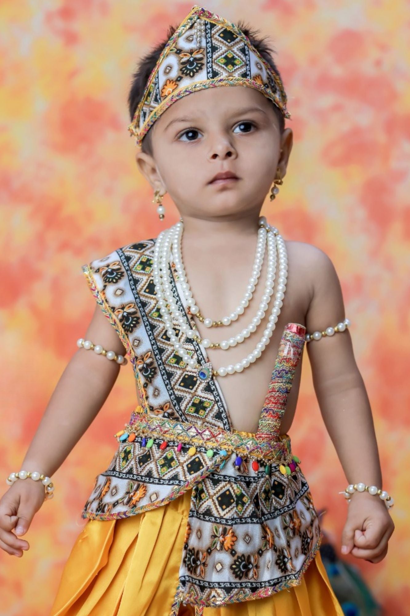 Mustard Yellow Krishna Janmashtami Dhoti Set with Patola-Inspired Angavastram for Boys