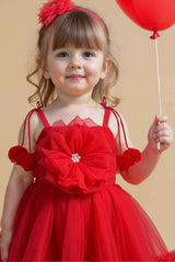 Red Sleeveless And Floral Embellished With Pearls Work Frock For Girls