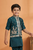Teal Blue Embroidered Kurta Set with Nehru Jacket For Boys