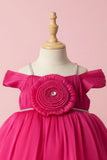 Pink Party Frock with Pleated Flower Appliqué and Shimmer Finish For Girls