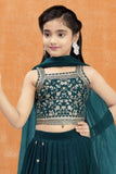 Bottle Green Embroidered Lehenga Choli with Dupatta For Girls