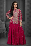 Red Embroidered Palazzo Set with Jacket for Girls