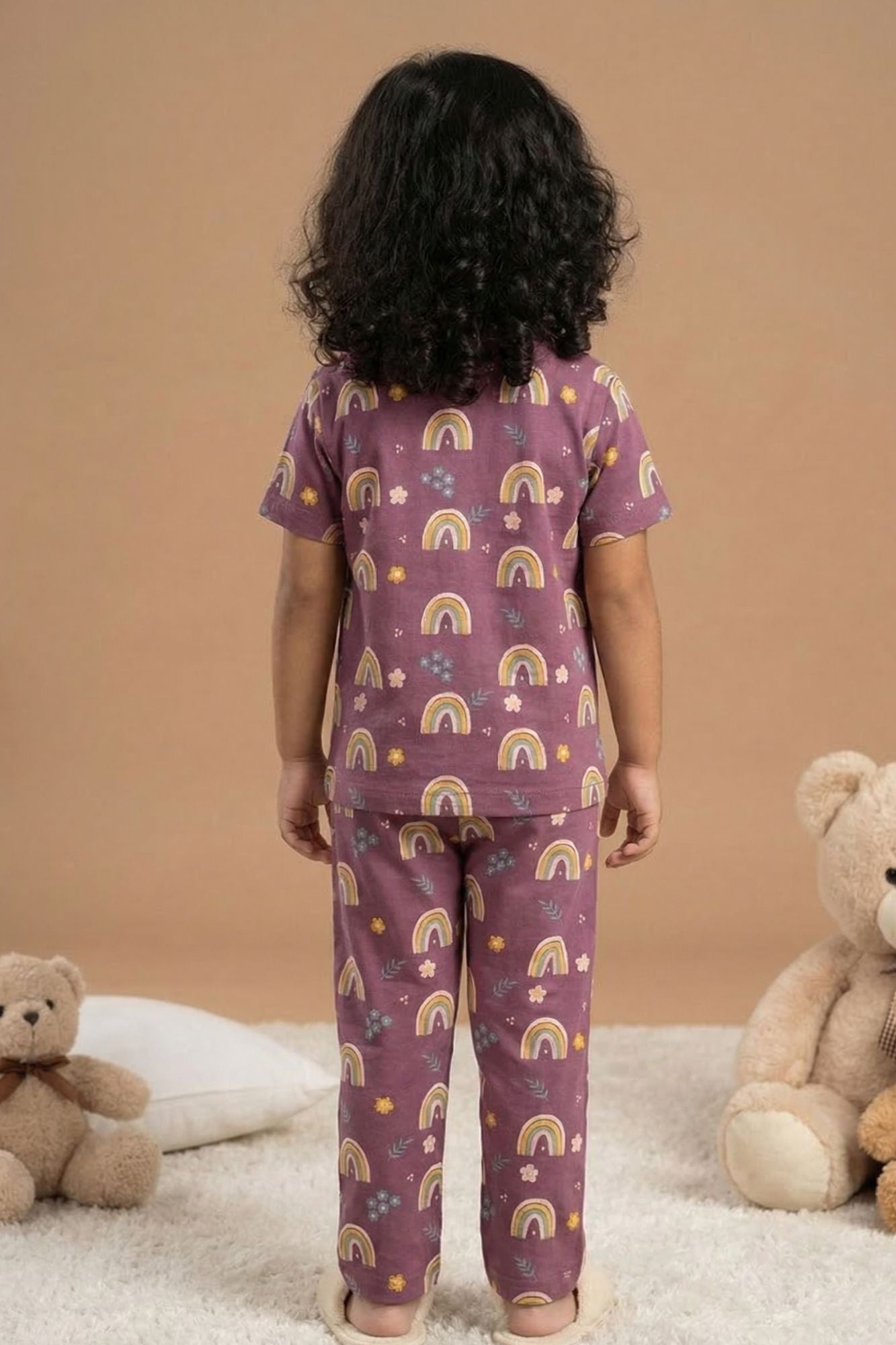 Purple Rainbow Print Night Suit Set For Girls