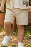 Boys Beige Shorts Set with Tropical Embroidered Shirt And Printed Tee