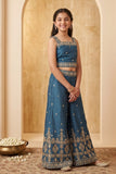 Blue  Geometric Diamond Embroidered Crop Top with Jacket and Palazzo Set