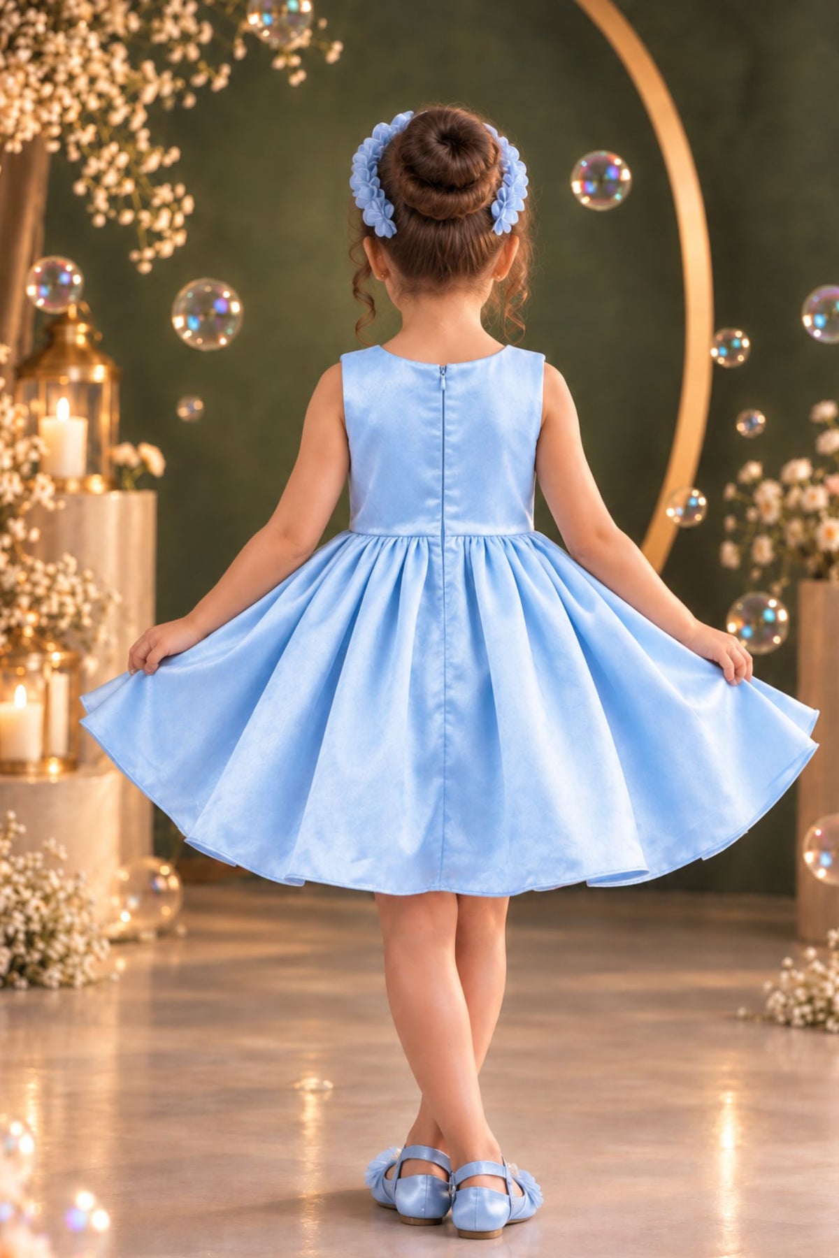 Powder Blue Floral Party Wear Frock For Baby Girls