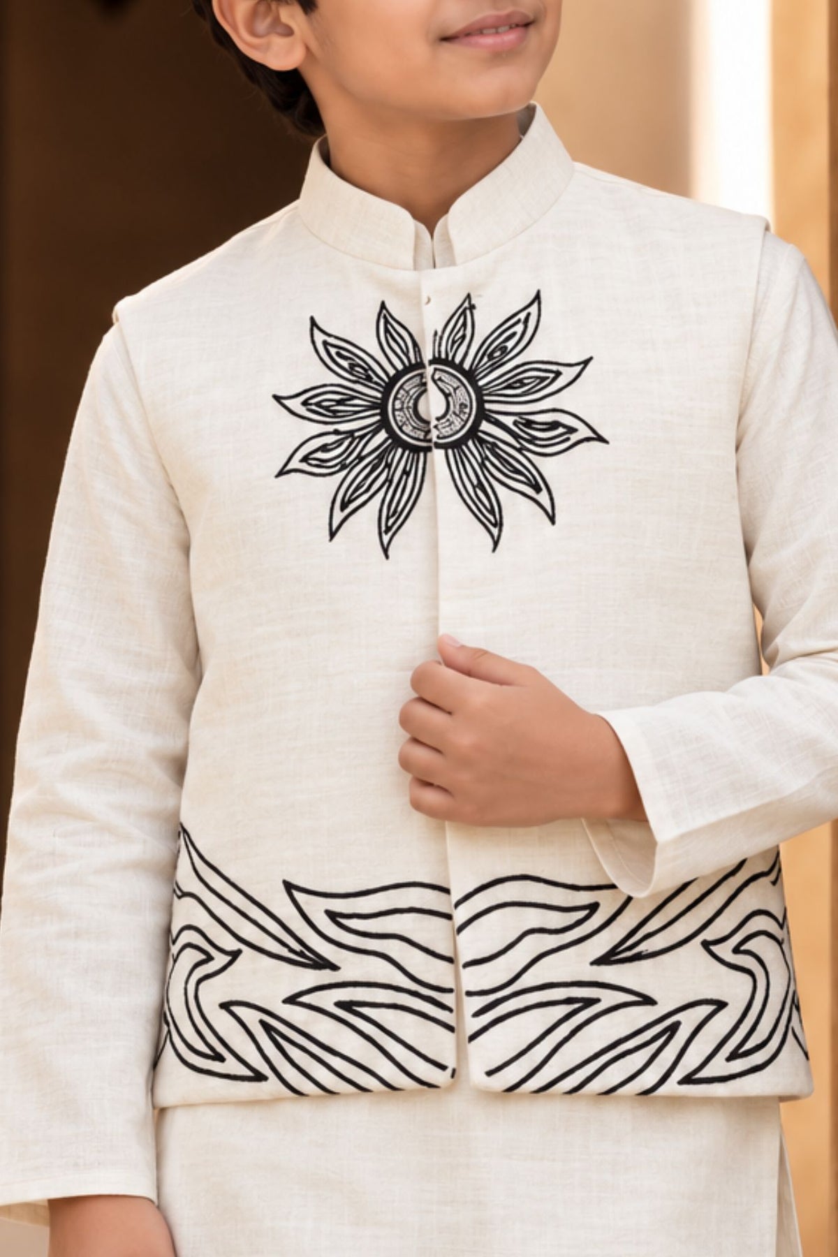 White Kurta with Embroidered Waist-coat For Boys