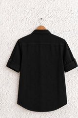 Boys Black Solid Double Pocket Shirt