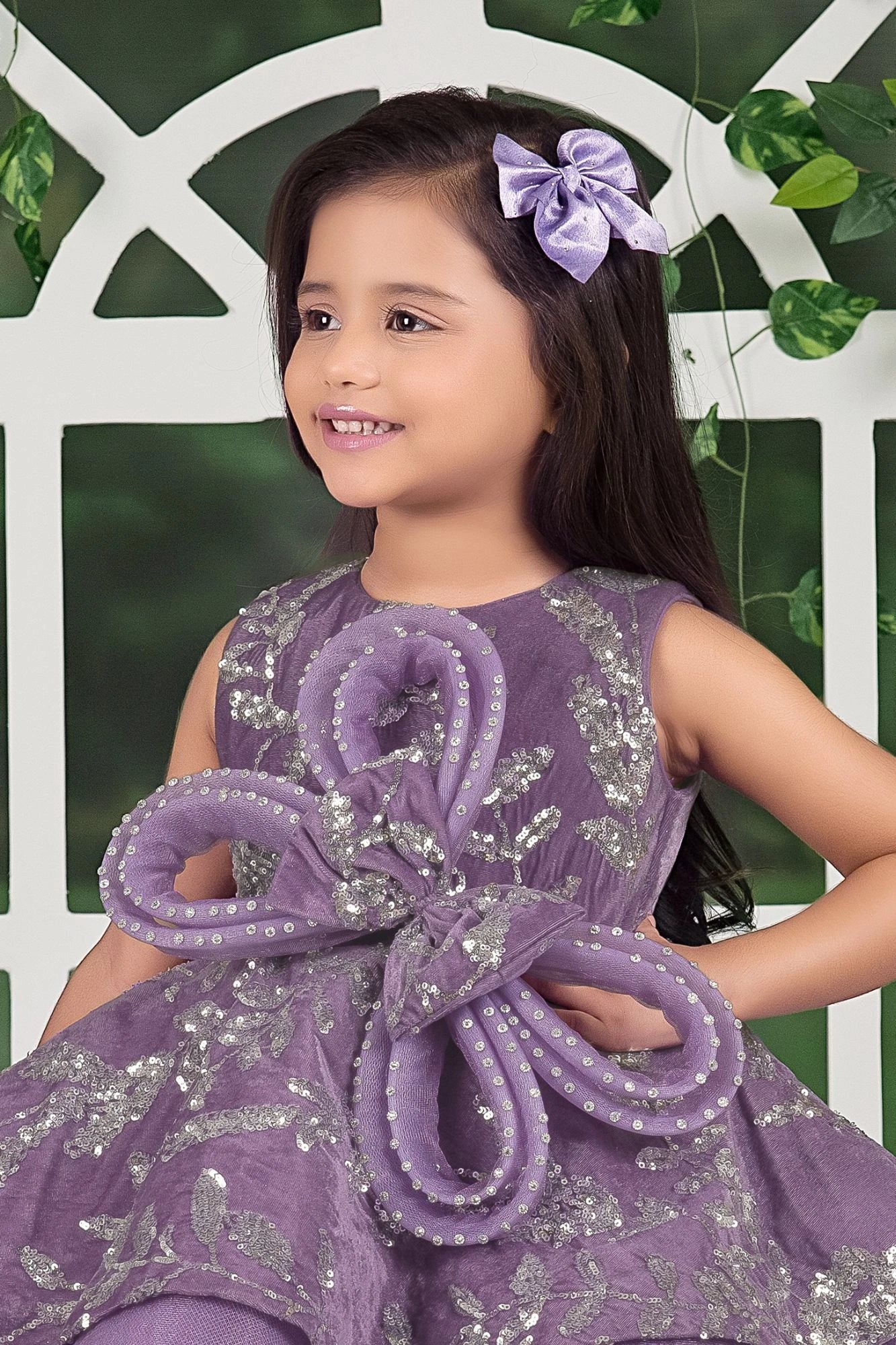 Lavender Layered Party Gown with 3D Floral Bow For Girls