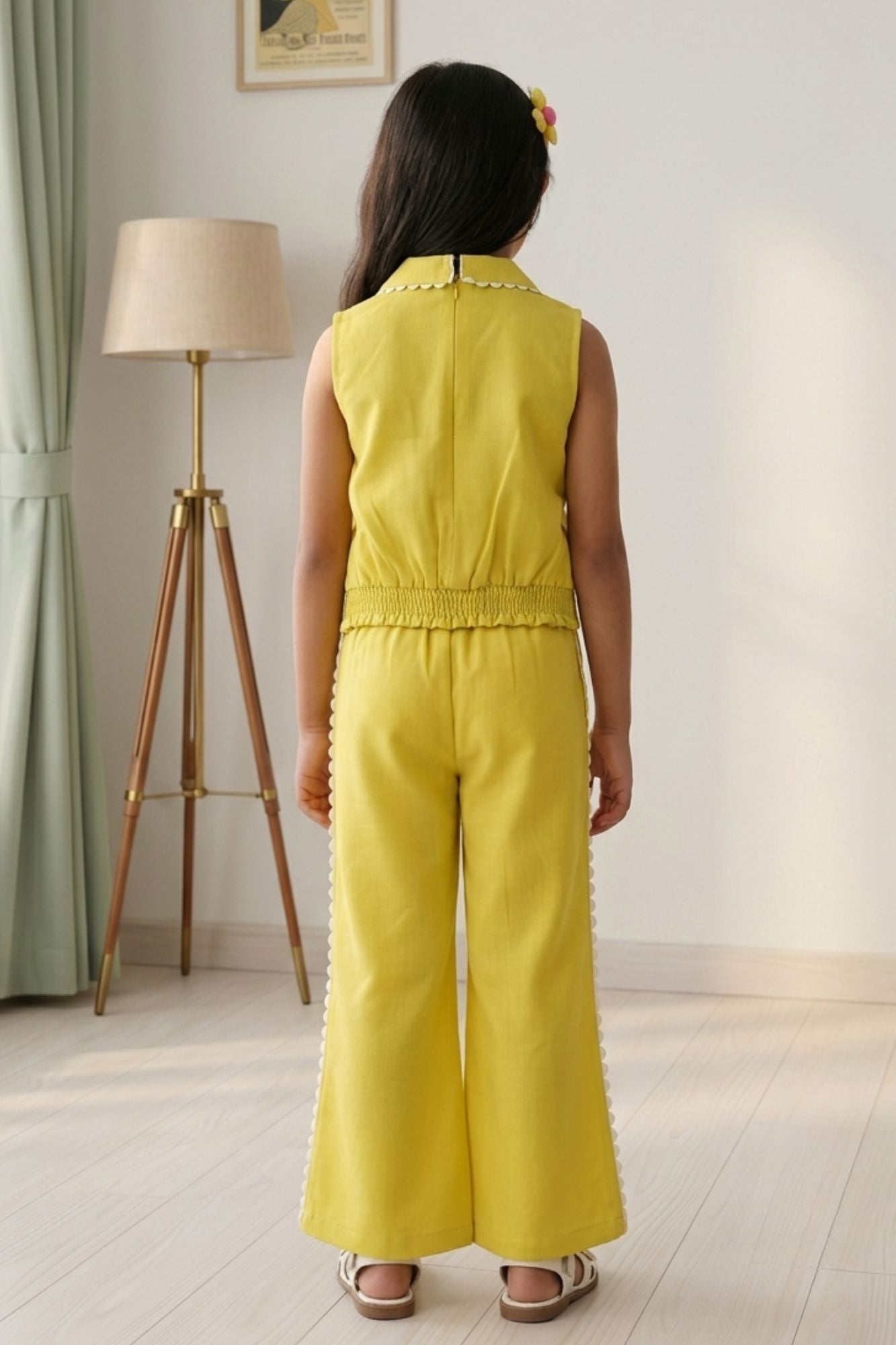 Yellow Floral Printed Sleeveless Co-Ord Set with Wide-Leg Culottes for Girls