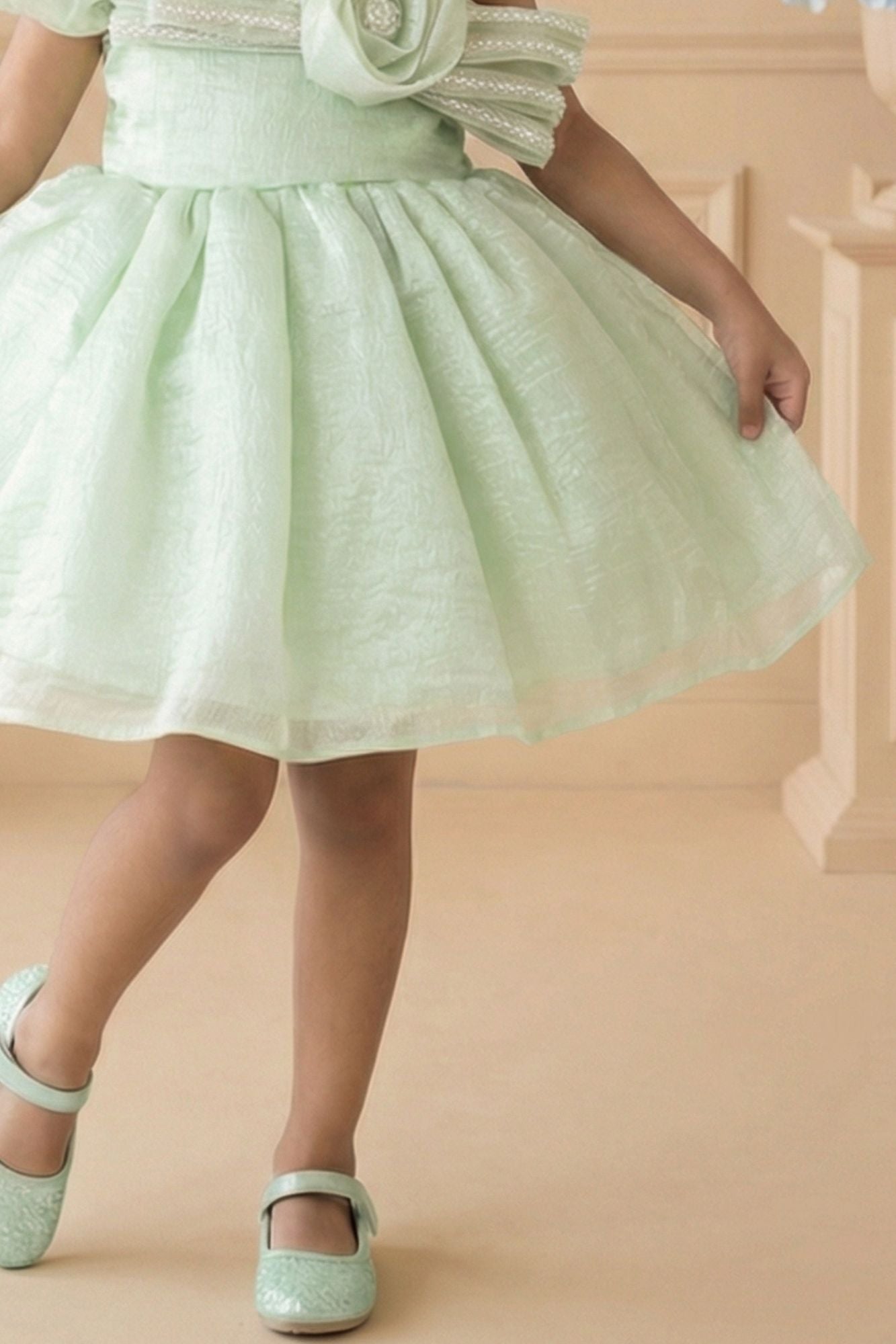 Pista Green One-Shoulder Party Frock with 3D Floral Bow For Girls