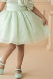 Pista Green One-Shoulder Party Frock with 3D Floral Bow For Girls