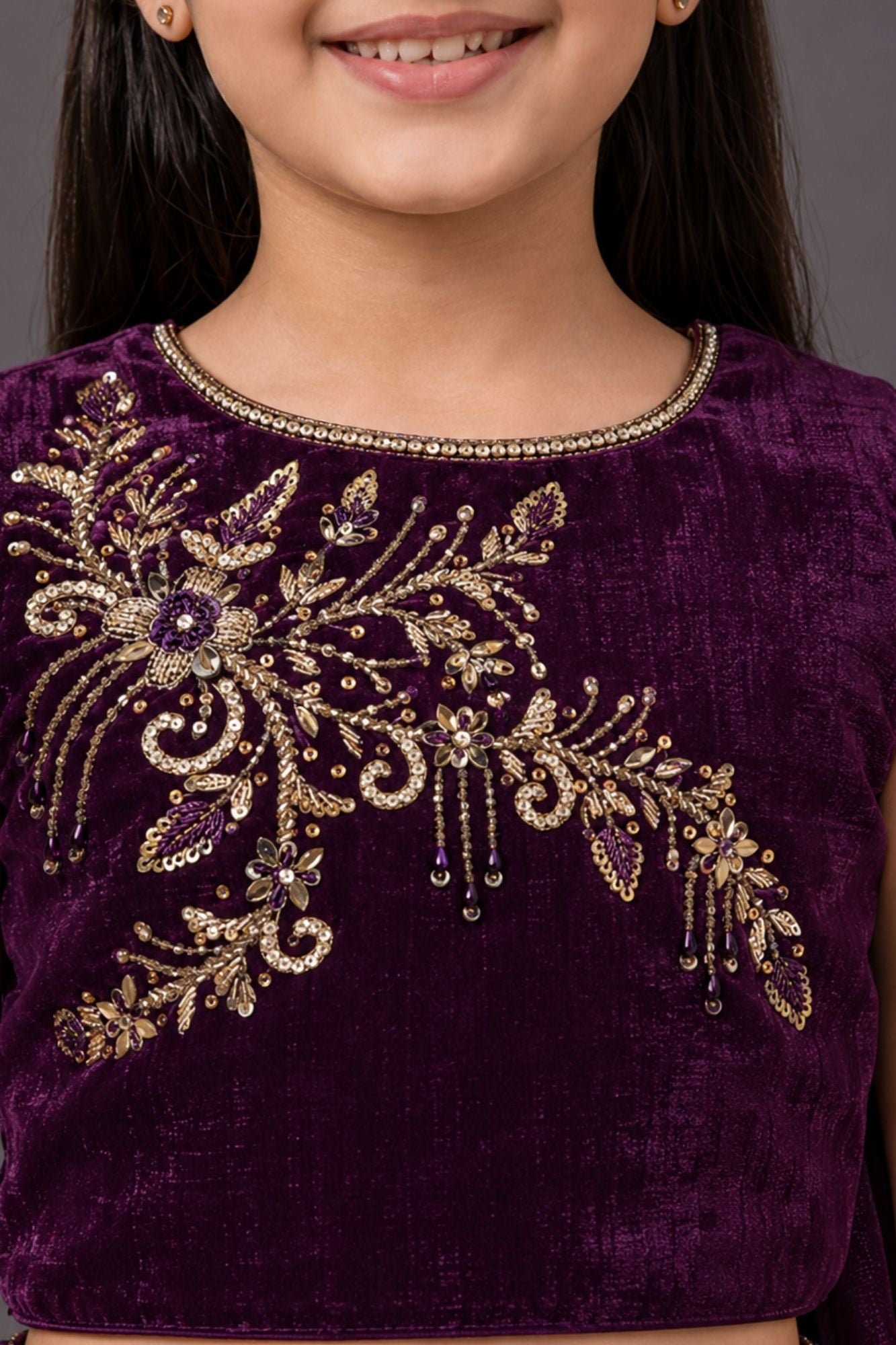 Girls Wine Embroidered Pre-Stitched Drape Saree Set