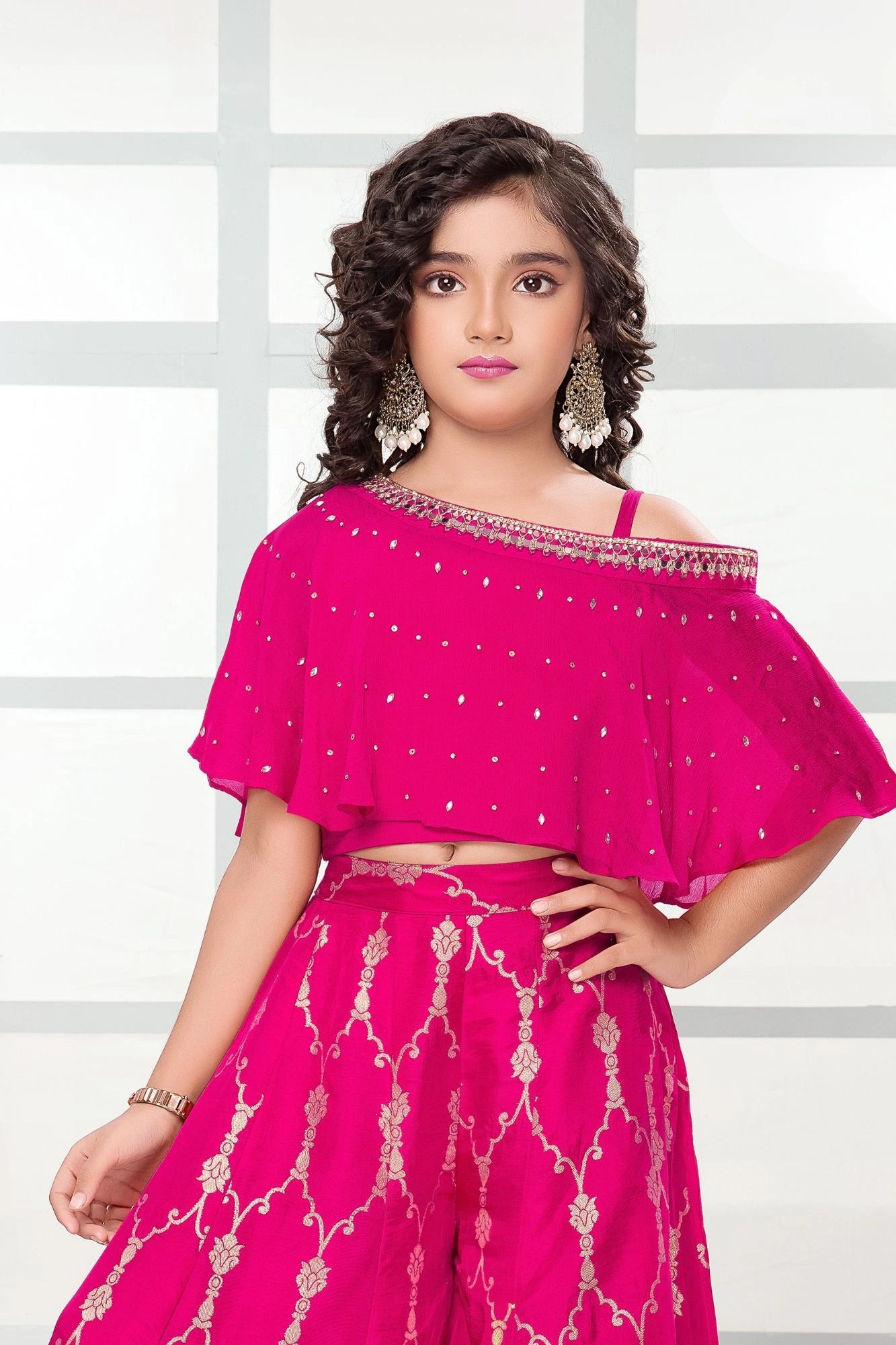 Rani Pink Off Shoulder Embroidered Palazzo Set For Girls