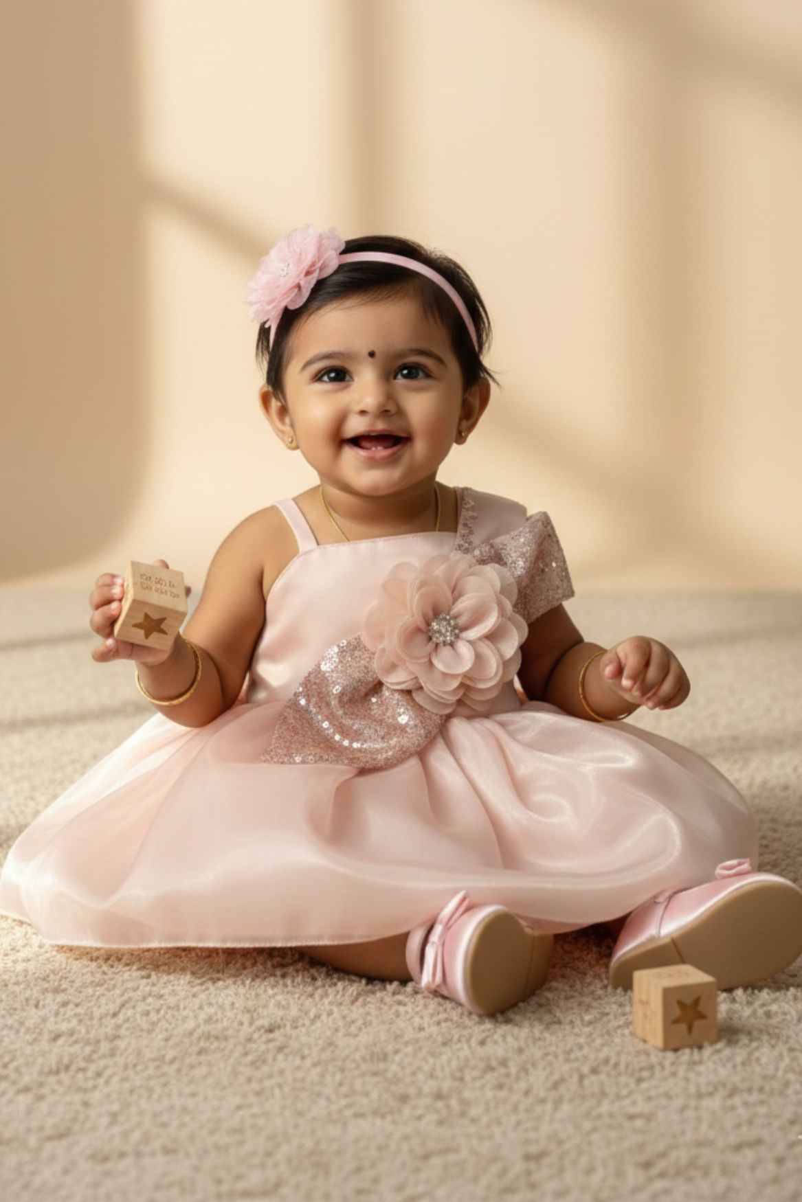 Peach Shimmer Party Frock with Sequin Floral Bow for Girls