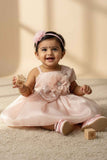 Peach Shimmer Party Frock with Sequin Floral Bow for Girls