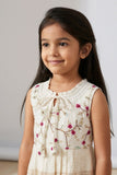 Girls Off-White Floral Embroidered Dress with Tie-Up Neck